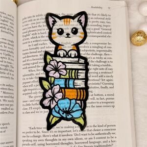 Bookmark: Transparent Curious Reader Cat with Flowers